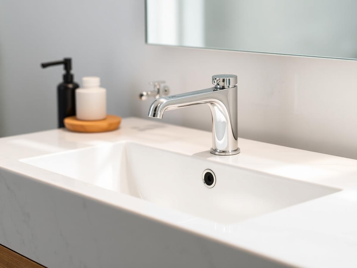 New chrome mixer tap installed on bathroom vanity
